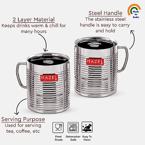 Image of HAZEL Stainless Steel Cup Set I Coffee and Tea Cup Set of 2, 300 ml Each | Unbreakable Cups for Tea and Coffee I Premium Stainless Steel Aishwarya Mug, Silver