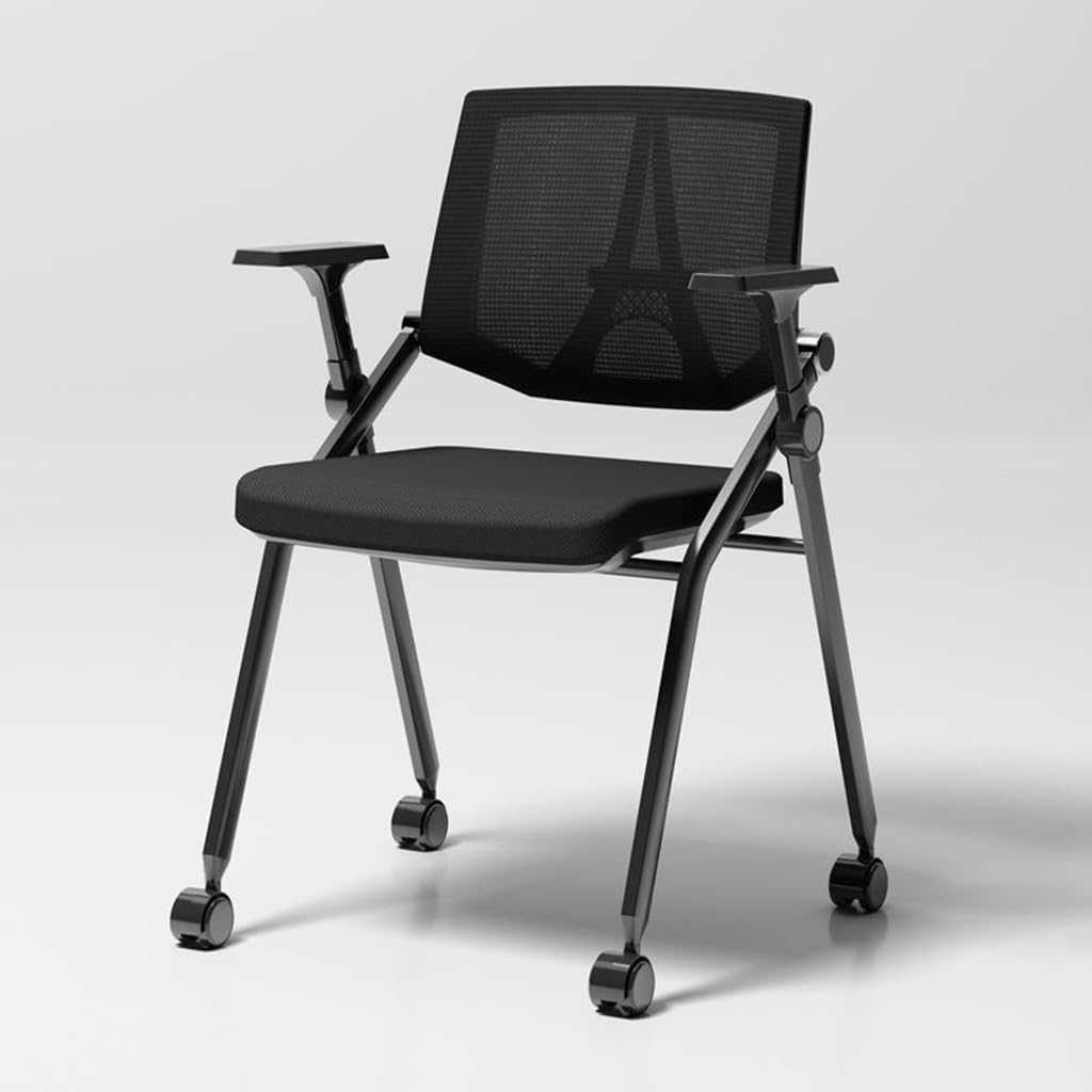 Black Mesh Office Chair with Accached Desk,Folding Guest Reception Chairs with Arm,Stackable Conference Room Chair with Lumbar Support,Event Chair(with Writing Board)