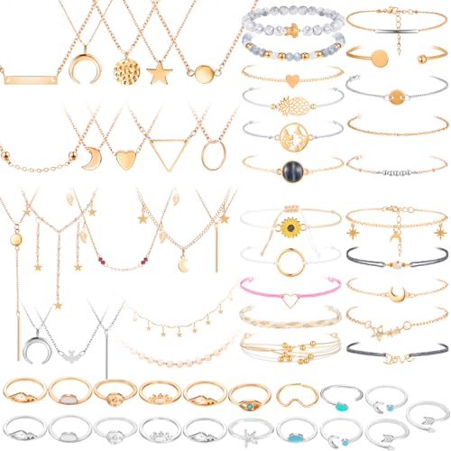 Batiyeer 60 Pcs Surfer Wave Strand, Summer Layered Choker Pendant Necklace Adjustable Multilayer Chain Necklaces Adjustable Bracelet Handmade Sunflower Rope Anklets Knuckle Rings (Elegant)