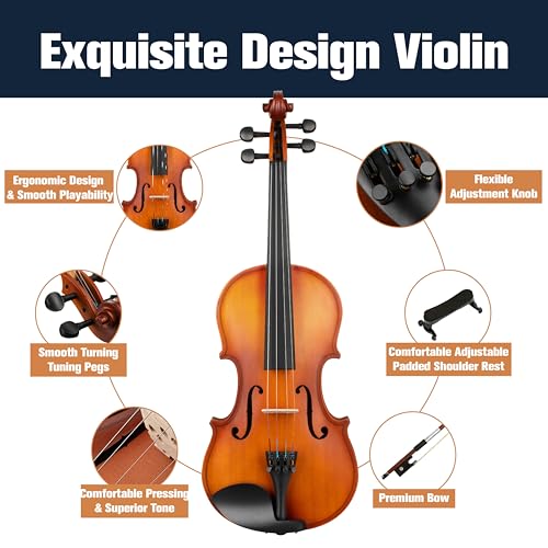 Image of Mendini By Cecilio 1 /2 Violin Set For Beginners - Fiddle Solidwood Kit with Hard Case - Acoustic Violin with Bow, Rosin, Tuner, Extra Strings & Bridge, Shoulder Rest and Lesson Book (Satin Antique)