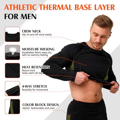 Patelai 3 Sets Men's Thermal Underwear Set Fleece Lined Base Layer Top Bottom Set Warm Hunting Skiing Gear for Cold Weather3