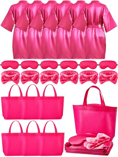 Sintuff 24 Pcs Sleepover Party Supplies for Girls 6 Spa Robes for Girls Slumber Party 6 Tote Bags 6 Headbands 6 Spa Masks(Size 10 Rose Red)