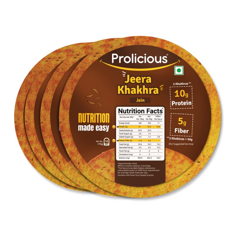 Prolicious 2X Protein Jeera Khakra | NO Palm Oil | Crispy | Ready to Eat | Flavourful | High Protein Healthy Anytime Snack (Pack of 4, 170 Grams each)