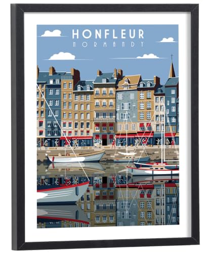 Poster décoratif Normandie Honfleur 30x40 cm - Tableau vintage avec cadre en bois