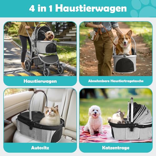 DAISTERN Hundebuggy Hundewagen Klappbar bis 25KG, Hundetrolley Faltbar mit Rahmen aus Aluminiumlegierung, 360° drehbare Gummireifen, Hinterradbremsen, Sicherheitsleine und Bequemes Sitzkissen Grau