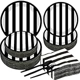 150pcs Striped Party Supplies - Black & White Tableware Set with 9' & 7' Paper Plates, Napkins, Knives, Forks, Spoons for Baby Shower & Birthday Decoration - Serves 25