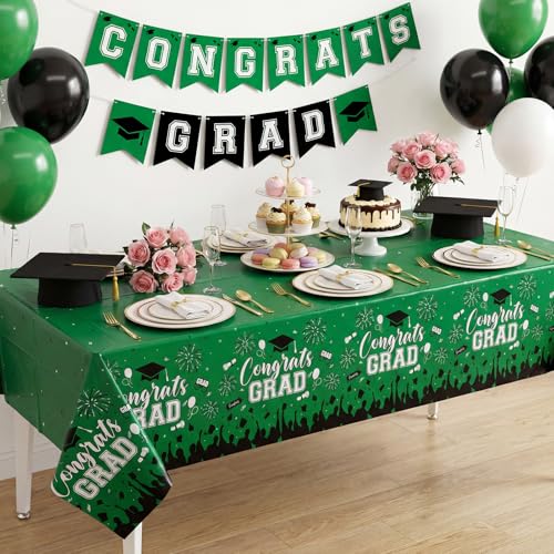 Image of NatNarr 3 Pack Plastic Graduation Tablecloth, Graduation Decorations 2026 Disposable Rectangle Green Black Table Cover, 2026 Gongrats Grad Table Cloths for Graduation Party Decorations, 54x108Inch