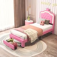 Ravas Children's Upholstered Bed 90 x 200 cm, Girls' Bed with LED Lighting, Princess Bed with Drawers, Youth Bed Frame with Height-Adjustable Headboard in Crown Shape, Pink