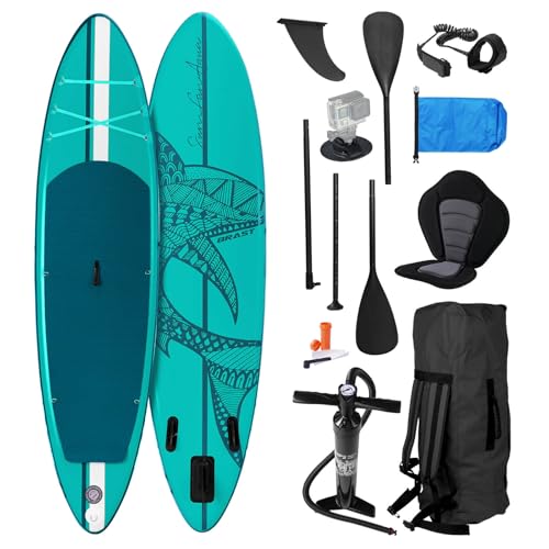 BRAST SUP Board Shark | Aufblasbares Stand up Paddle Set | 320x81x15cm | 8 Designs | 5 Jahre Garantie | inkl. Sonderzubehör | 2in1 Paddel Kajak-Sitz Action-Cam-Halterung Fußschlaufe Pumpe Rucksack