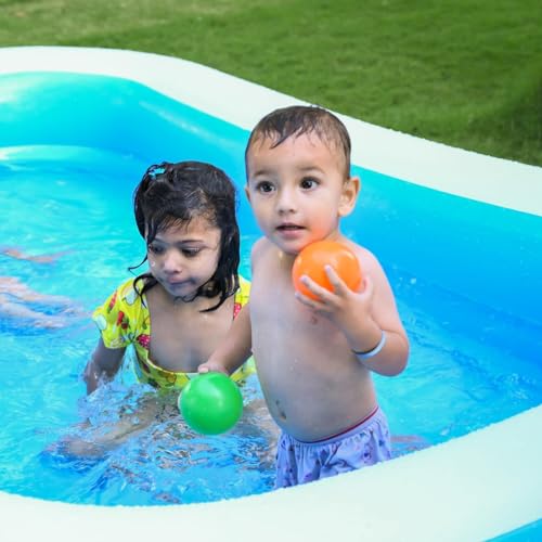 Image of 6.7 Feet Rectangular Swimming Pool with Duck Family Toy, Inflatable Beach Ball & Electric Air Pump for Kids & Adults, Outdoor Summer Water Party, Blue (200 x 150 x 50 cm)