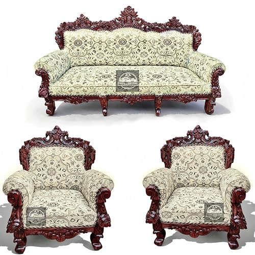 Image of Royal Carved Wooden Sofa Set | 3+1+1 Seater | Antique with Button Tufted Velvet Upholstery | Victorian Style Living Room Furniture Tufted Sofa Set Grey 3-Piece (Design 5)