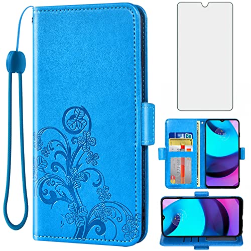 Funda cartera Moto E20 que evita roturas de pantalla gracias al vidrio templado azul