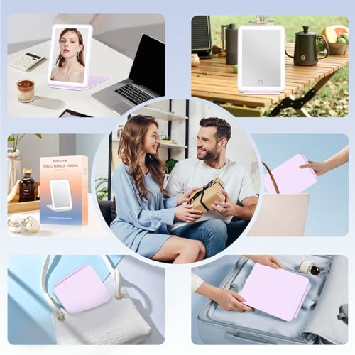 Image of FUNTOUCH Rechargeable Travel Makeup Mirror Lights, Portable 72 Led Lighted Makeup Mirror, 3 Color Lighting, Dimmable Touch Screen, Type C, Tabletop LED Folding Cosmetic Vanity Mirror-Purple