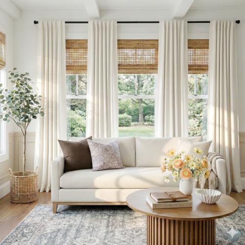 Image of Faux Linen Total Blackout Curtains for Bedroom 84 Inches Long, Beige White | 100% Blackout Shield, Back Tab /Rod Pocket Living Room Drapes, Thermal Insulated Blackout Curtains 2 Panels Set, 50 inchW x 84 inchL