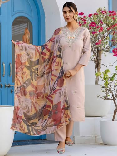 Image of Naixa Women's Chanderi with Cotton Lining Embroidered Straight Kurta with Pant and Dupatta Sets (NX2-570)