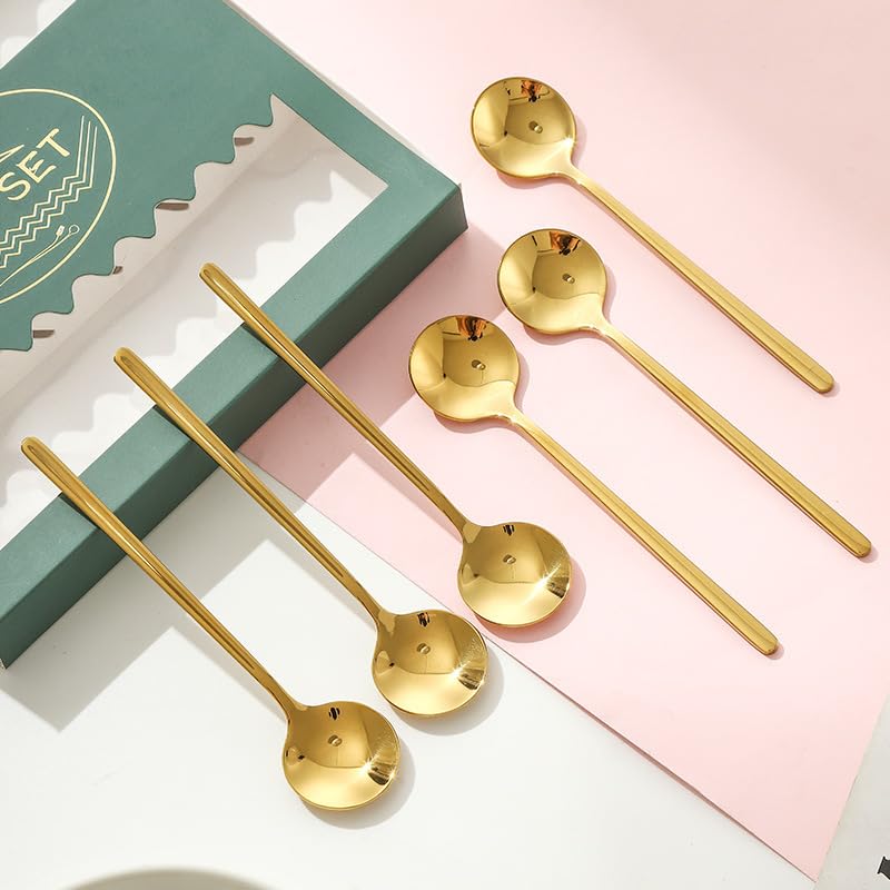 Ce Coffret de Couverts Comprend 6/24/36/48 pièces en Acier Inoxydable 304, Dont Une Petite cuillère Ronde à Long Manche, idéale pour remuer Le café ou Les Desserts. Couleur : Or.
