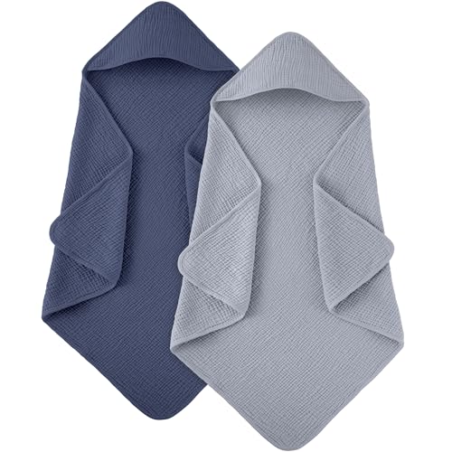 Image of Susurration Hooded Baby Towels for Newborn 2 Pack 100% Muslin Cotton Towel for Babies，Highly Absorbent and Newborn Essential 30x30 Inch Gray&Blue