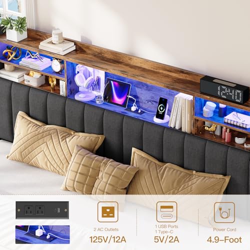 Image of TEENFON King Size Bed Frame with Headboard and 4 Drawers Storage, Bed Frame King Built in LED Lights and Charging Station, Sturdy & Noise-Free Upholstered Platform Metal Bed, Dark Grey
