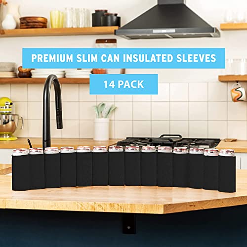 Image of Slim Can Cooler Sleeves (14-Pack) Soft Insulated Slim Can Koolie for White Claw Seltzer & Slim Beer - HTV Blanks for Vinyl Projects - Skinny Can Koolies Bulk - Tall Can Coolies for Slim Cans (Black)
