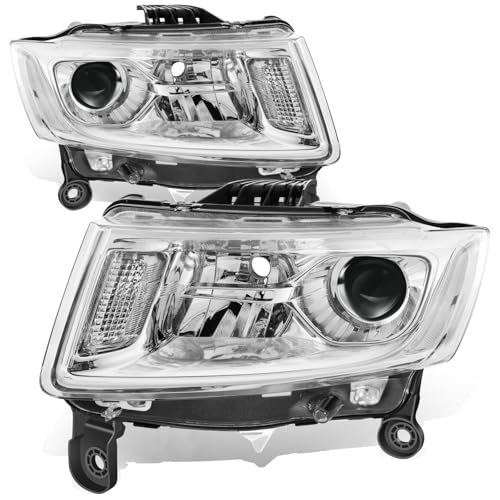 Auto Dynasty Headlights Assembly Compatible with 2014 2015 2016 Jeep Grand Cherokee Driver and Passenger Side Halogen Headlamps Replacement w/Projector Low Beam Chrome Housing Clear Corner