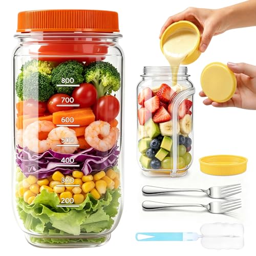 Mssushi 2er Set Salat To Go Box Mit Seitlicher Öffnung 1L/35oz Prepara Salad Jar mit 2 Gabel Auslaufsicherer Salat Pod (2 Farben) mit 4oz Dressingbehälter für Schule Arbeit Picknick Reisen