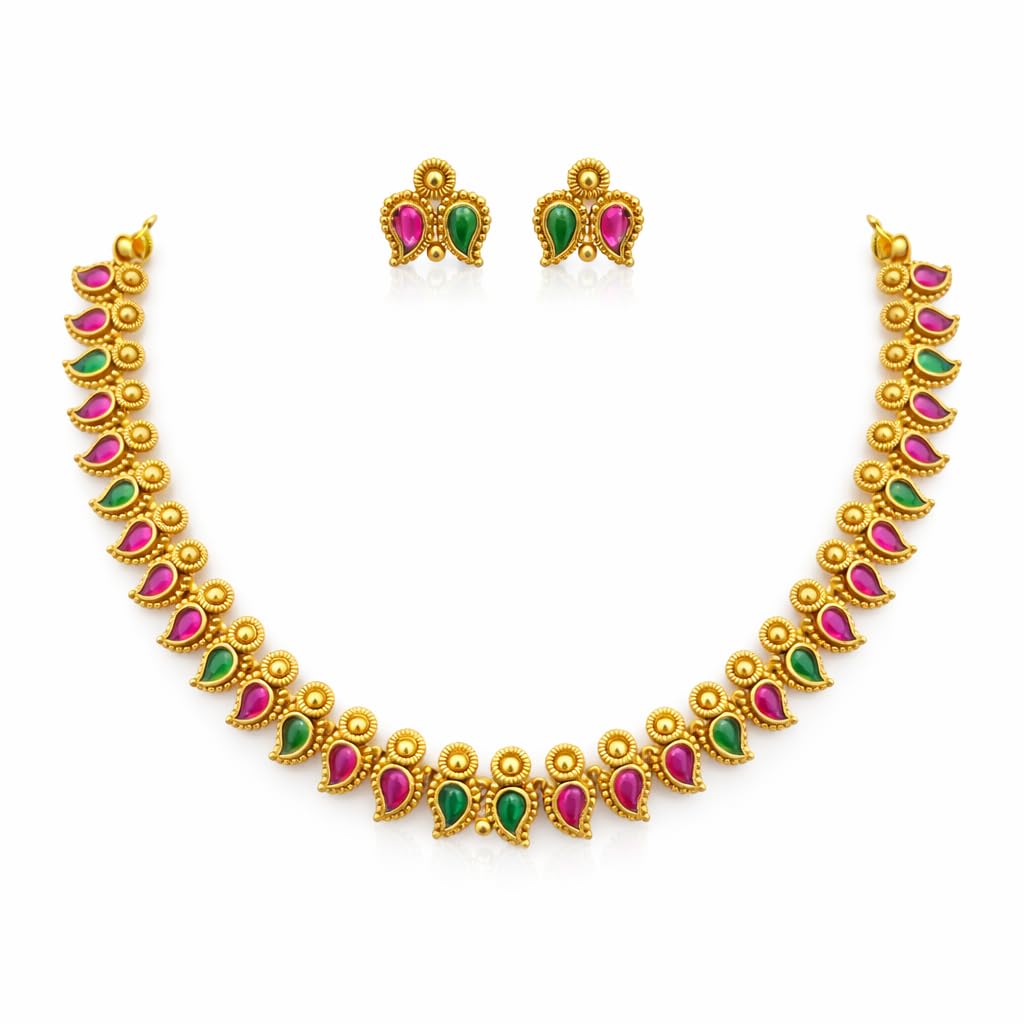 Gold Matte Finish Bridal Necklace & Earrings Set – Traditional Special Jewelry (Ruby Red & Green)