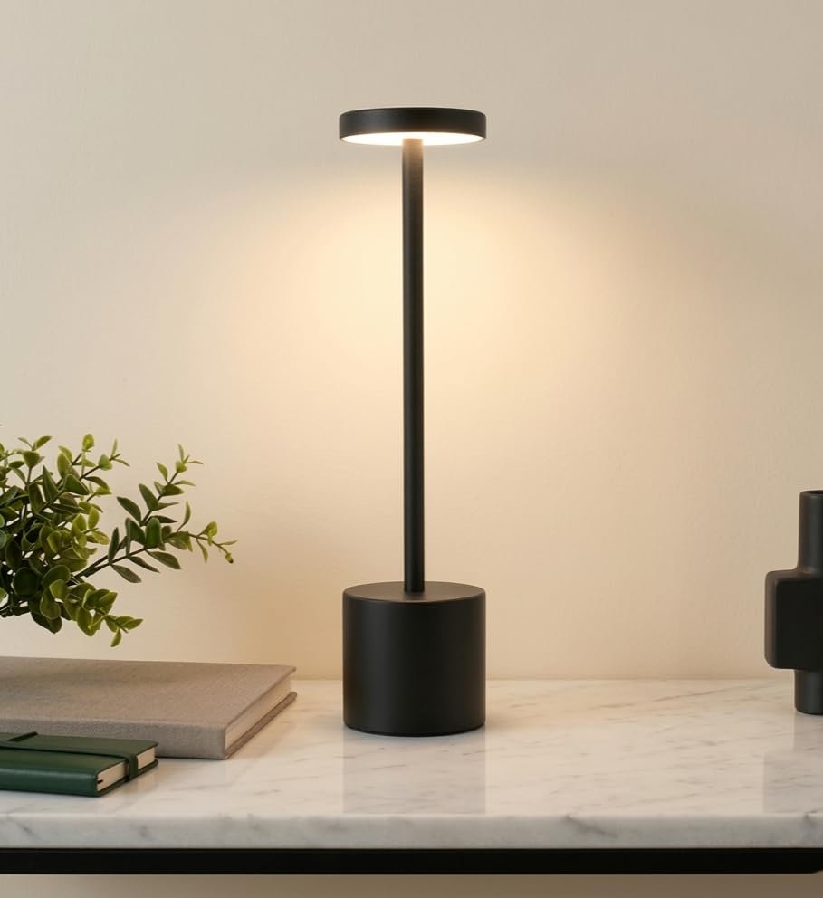 NYRWANA Table Lamp | 1200mAh Battery | Home Decor, Lamp, Lamps for Bedroom and Living Room, Stepless Dimming, 3 Colour Touch Control, USB-C Charging, Rakhi Gift for Brother & Sister (Metal - Black)