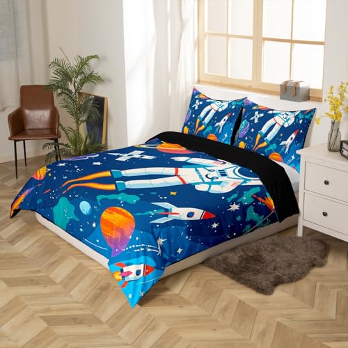 Homemissing Cosmonaut Spaceman Duvet Cover Set King Size For Kids Boys Teens Universe Planets Bedding Set Space Rocket Comforter Cover Set Outer Space Room Decor Quilt Cover with 2 Pillowcase - Image 2