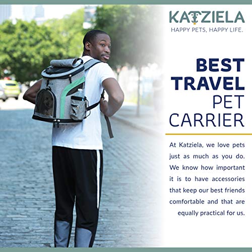 Katziela Pet Carrier Backpack - For Small Dogs And Cats - Water Bottle, Waste Bag And Storage Pouches, 3 Mesh Windows, Leash Hook - 3 Option Top: Open, Mesh Or Shade - Bonus: 2 Poop Bag Rolls – Green #TOP4