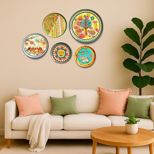 Image of RITUALISTIC Mithila Madhubani Wall Sculpture for home decoration | Wall decor items for living room | Metal Wall decor |Gift items |wall art |wall showpiece| Home Decor Gift Items |Set of 5