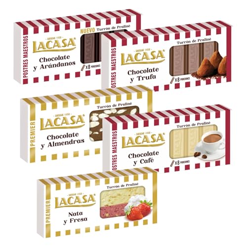 Surtido Turrones Lacasa: 5 tabletas de turrón variadas: Chocolate y almendra, Chocolate y arándanos, Chocolate y café, Chocolate y trufa, Nata y fresa
