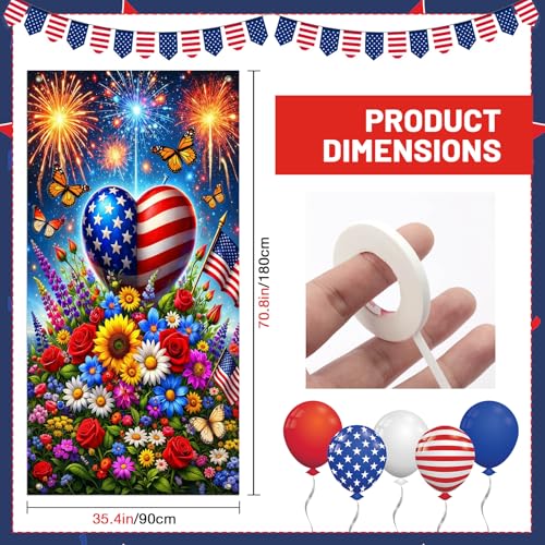 Image of BissYard Patriotic Door Cover 71 x 35 Inches 4th of July Door Banner American Flag Heart Fireworks Floral Independence Day Front Door Decoration Indoor Outdoor Porch USA Theme Decor