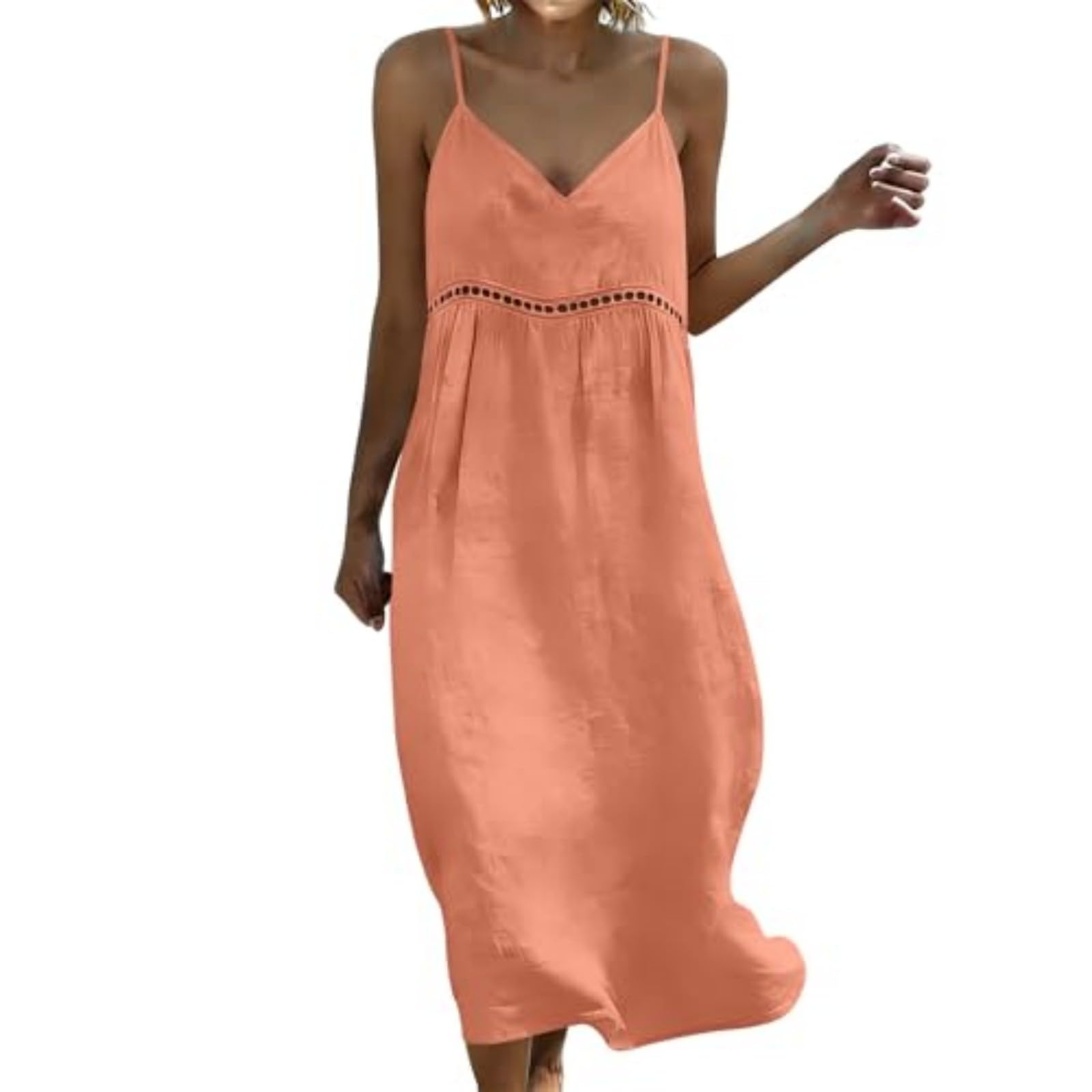 Abito estivo da donna in cotone, senza maniche, all'uncinetto, per il tempo libero, leggero e arioso, abito lungo da donna, estivo, stile boho, con scollo a V, spalline sottili