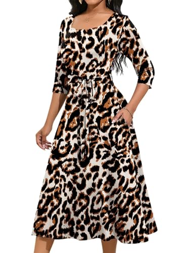Sexy Dresses for Women Date Night Loose Fit Warp Cocktail Dresses Square Neck Leopard Print Dresses with Belt XL
