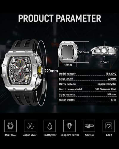 Image of TSAR BOMBA Men's Luxury Quartz Watch, Luminous Dial 5ATM Water Resistance Silicone Strap Men's Wristwatch Ideal Gift for Men