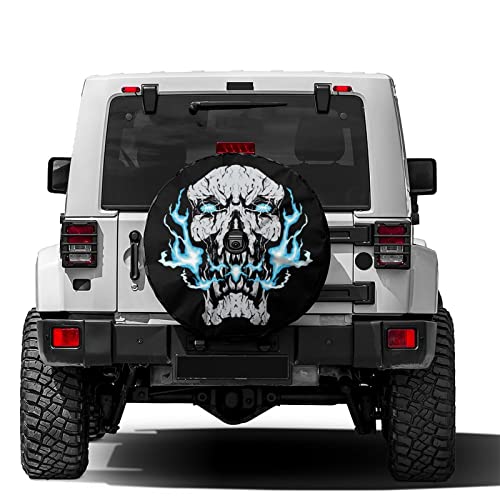 Image of Delerain Spare Tire Cover with Backup Camera Hole Blue Fire Skull Head Wheel Covers Waterproof Dust-Proof UV Sun Universal Fit for RV Trailer RV SUV Truck (18 Inch for Diameter 32 inch-34 inch)