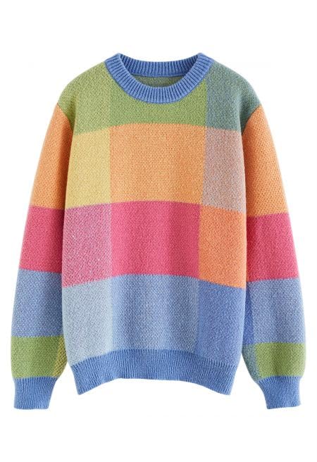 Grid Color Block Oversize Wool Sweater - Pullover Sweaters Top Trendy Outfit