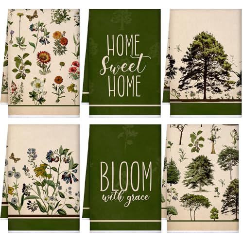 Image of Bencailor 6 Pcs Spring Floral Kitchen Towels Decorative Sets Dish Towels Absorbent Fast Drying Hand Tea Vintage Hanging Reusable Cleaning Dishcloths for Cooking Farmhouse Bathroom Accessory