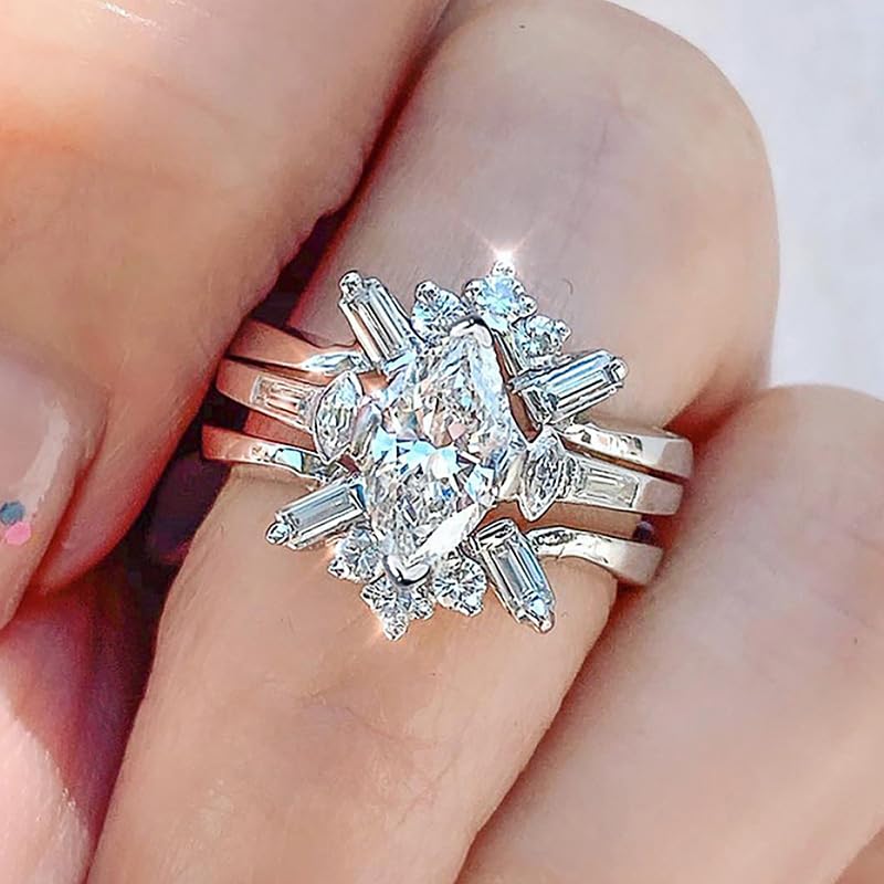 A Set of Three Marquise Geometric Rings for Women Exquisite Light Luxury Rings Engagement and Wedding Ladies Fine Jewelry2