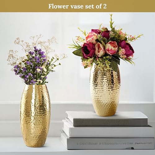 Image of BEHOMA Metal Hammered Golden Vase Set of - Set of 2 | Hammered Metal flower vase in Golden - for fresh or artificial flower displays for living room - great wedding gift