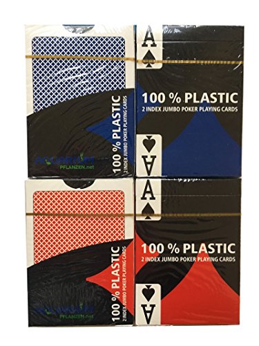 4 x 100% Plastikkarten, Pokerkarten, Poker, Großer Index, 2 Symbole + Cutcard