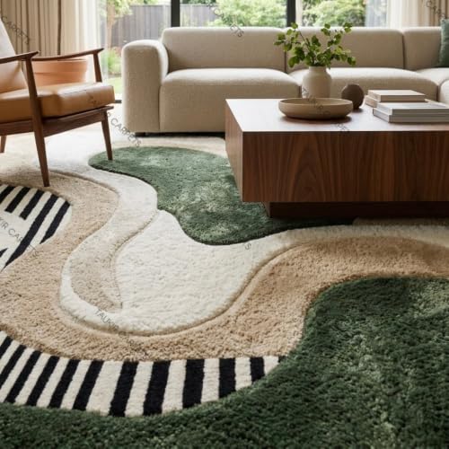 Image of Carpet for Living Room Irregular Abstract Shag Area Rug, Super Soft Fluffy Modern Designer Floor Rug. 3 x 5 Feet (91.44 x 152.40 cm) Green Multi