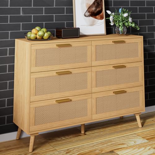 Image of LNRLZYLS Mid-Century Modern Wooden Storage Cabinet with Woven Rattan Fronts – Natural Oak Dresser for Living Room, Entryway, or Home Office – Stylish & Versatile Storage Solution