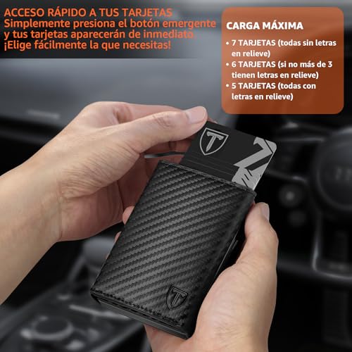 Miniatura 4 de Teehon Carteras Para Hombre, Tarjetero Hombre Con Bloqueo Rfid Magnético, Fibra De Carbon Cartera Con Monedero Compartimentos Para Billetes Ventana Id Clásico, Negro Naranja