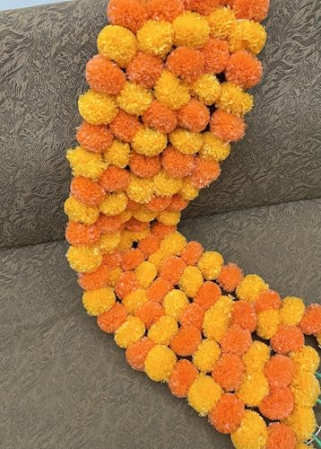 Image of Sphinx Artificial Marigold Fluffy Flowers Garlands for Decoration -(Light & Dark Orange, 5 Pieces)
