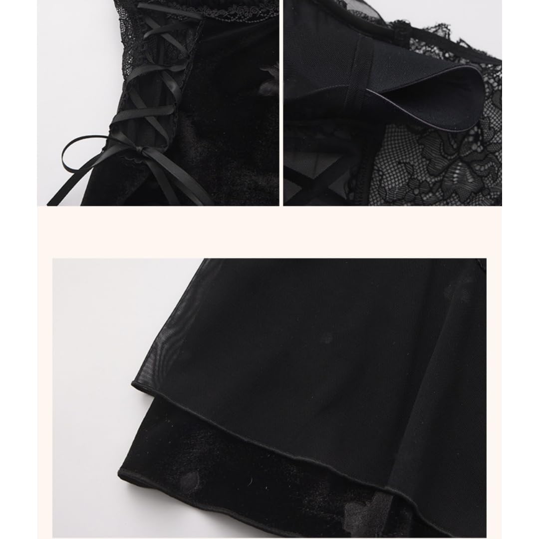 Zweiteiliger Nachtwäsche Set Completo Due Pezzi Composto da Reggiseno Push-Up Imbottito in Velluto con Stampa A Farfalle E Camicia da Notte/Vestaglia in Pizzo Trasparente.