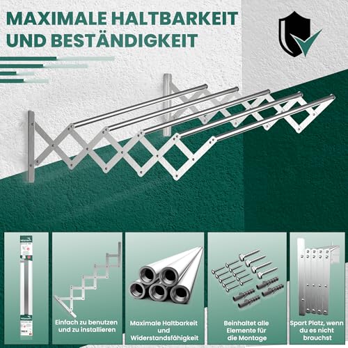 TEHORNEO Wäscheständer Wandmontage 140 cm, Wäscheständer Wand, Wäscheleine Ausziehbar Wand, Wäschetrockner Wand, Wandtrockner, Wandwäschetrockner, Wandwäschetrockner Ausziehbar Aluminium