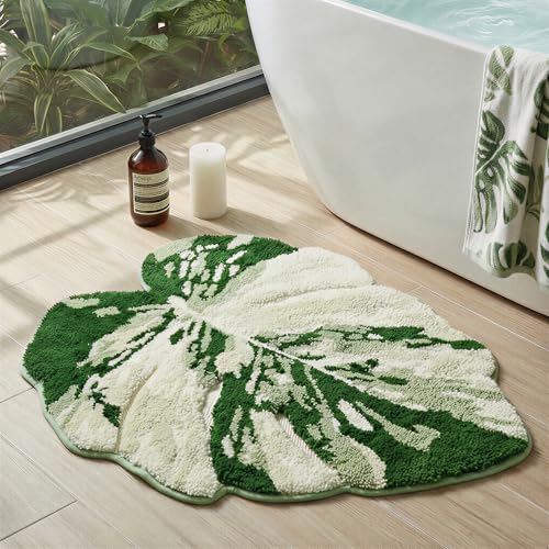 VivaNest Mini Sage Green Leaf Bathroom Sink Mat Monstera 23.6x26.8 Extra Soft Absorbent Washable Tufted Bath Rug Non-Slip TPR Backing Plush Shaggy Bath Carpet for Floor