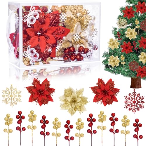BSMYBO 56PCS 7 Style Poinsettia Flowers Artificial Christmas Tree Decorations Red and Gold Christmas Ornaments with Berry Stems Snowflakes Cards for Wreath Fireplace Stairs Xmas Tree Decor