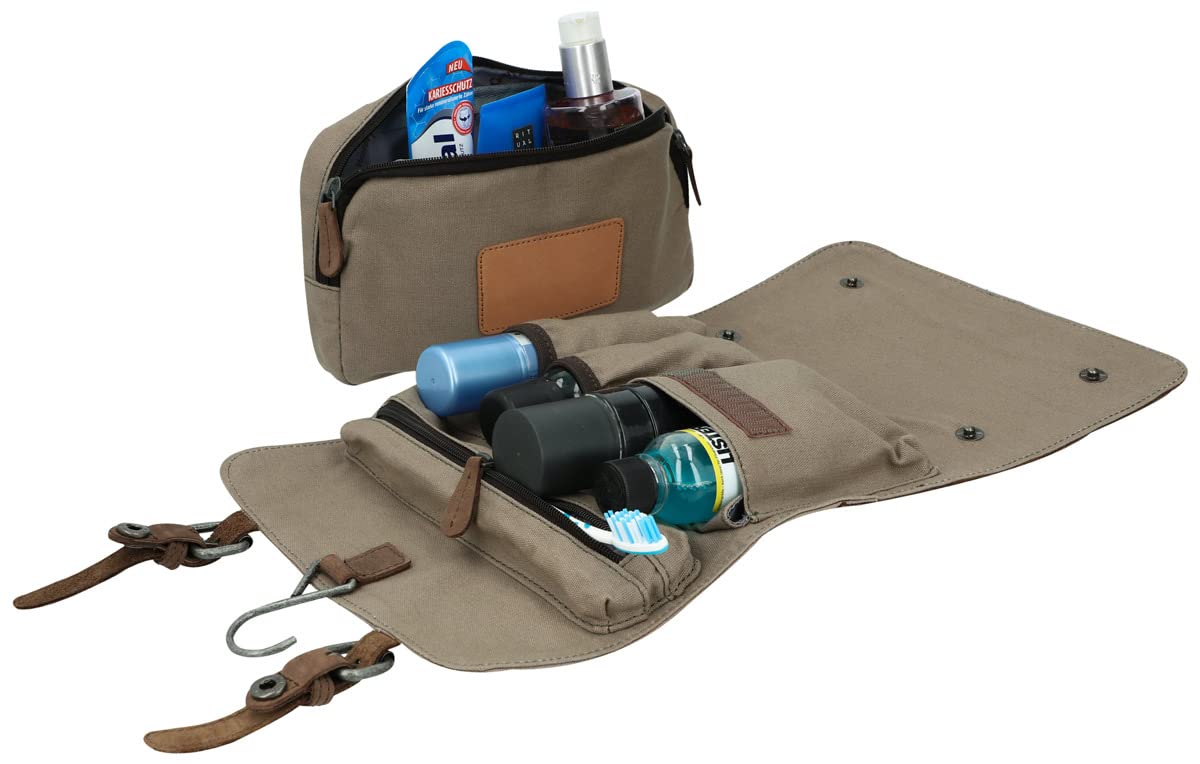 Gusti Waschtasche Leder - Rodney Damen und Herren Kulturtasche zum Aufhängen Kosmetiktasche Kulturbeutel Reise Schminktasche Organizer Toilettenartikel Canvas Khaki Leder